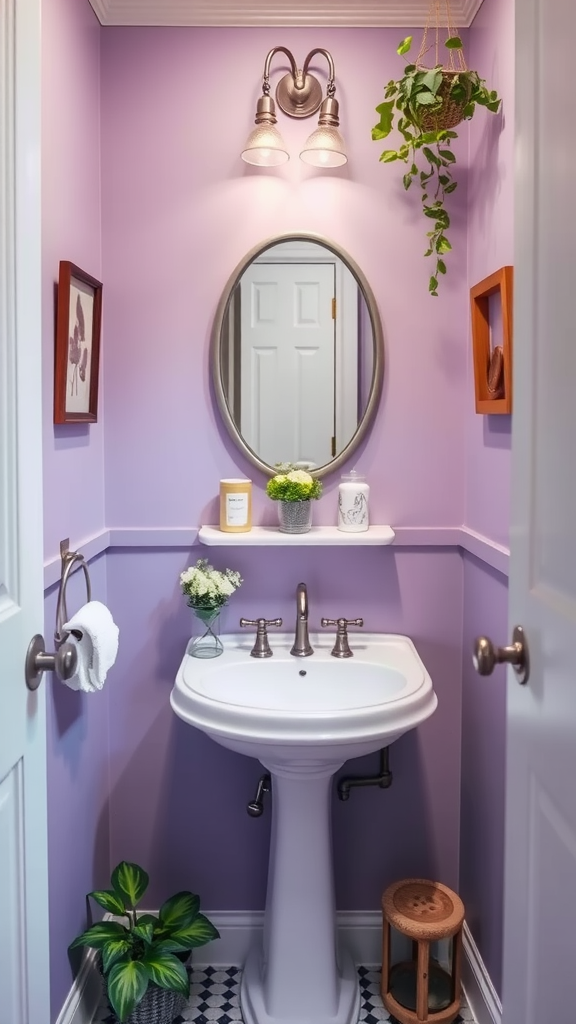 A charming small bathroom with lilac walls, a sink, and plants.