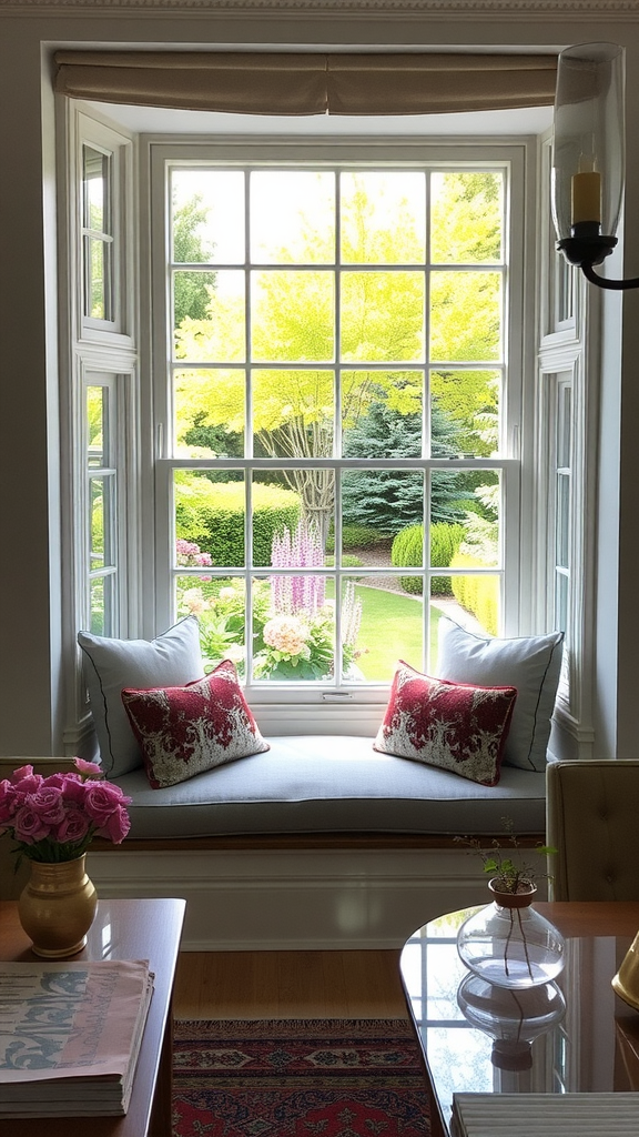 A cozy window seat decorated with cushions, overlooking a garden filled with greenery and flowers.