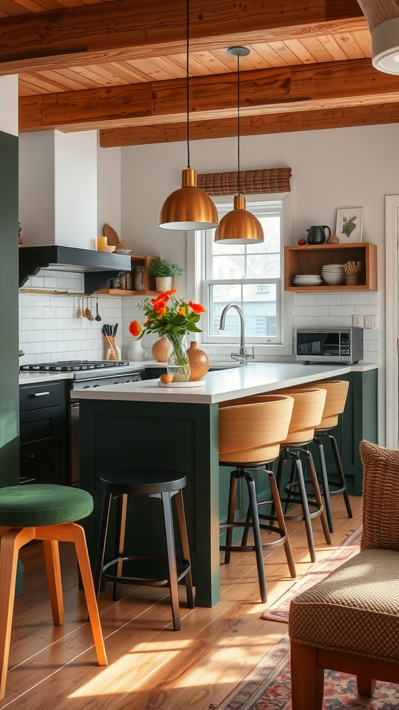 A modern kitchen with stylish bar stools at an island, featuring a warm and inviting design.