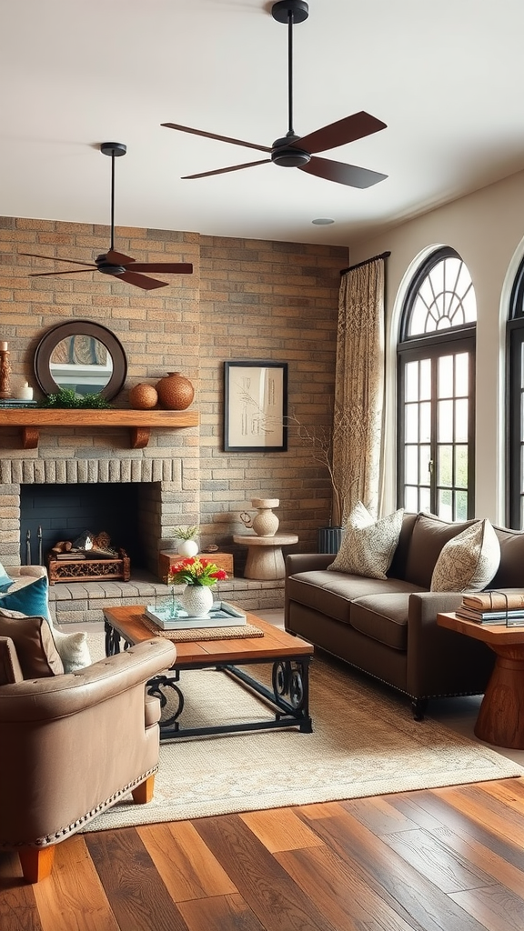 A cozy living room featuring a brick wall, leather furniture, wooden floors, and large windows.