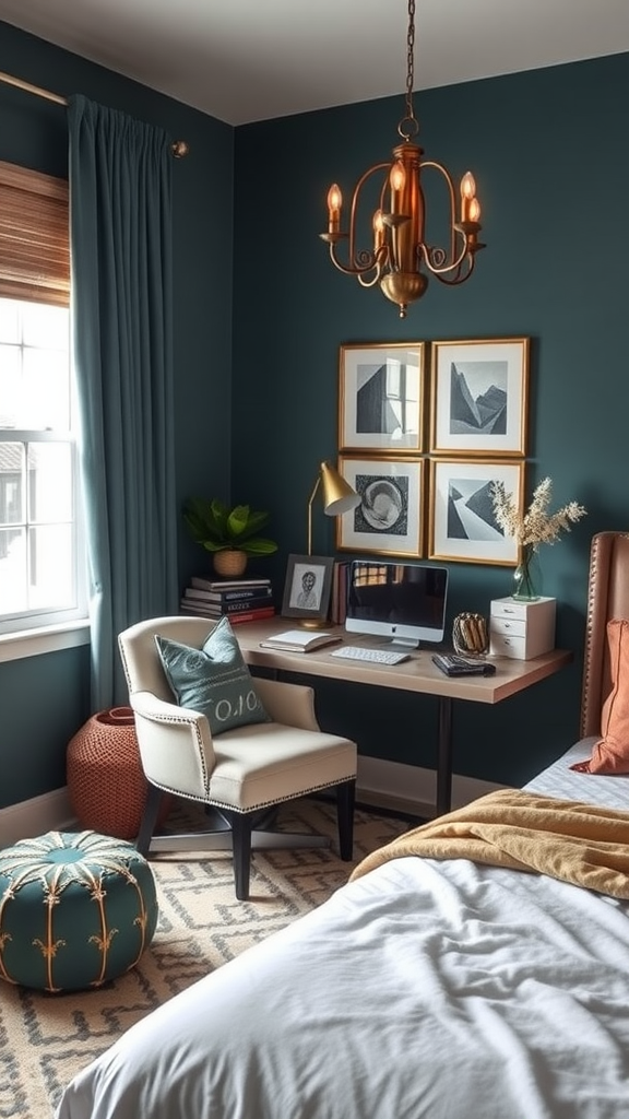 A stylish dark teal home office nook with a desk, chair, and decorative elements.