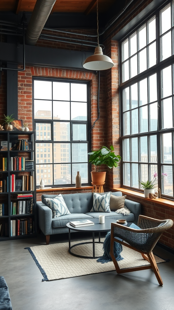 Stylish urban loft library with large windows, brick walls, a gray sofa, and bookshelves.