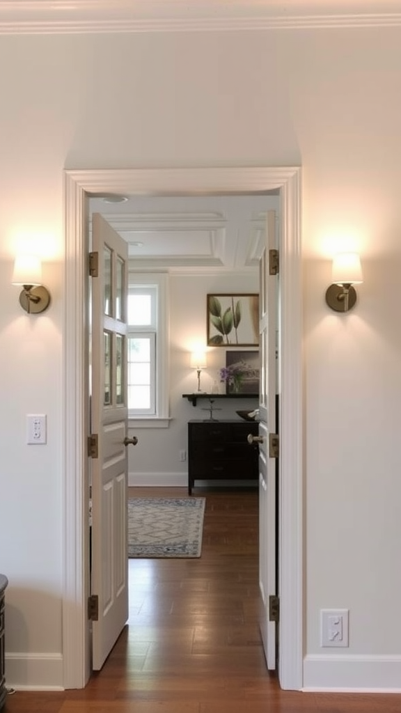 A well-lit hallway with modern wall sconces on either side of an open door