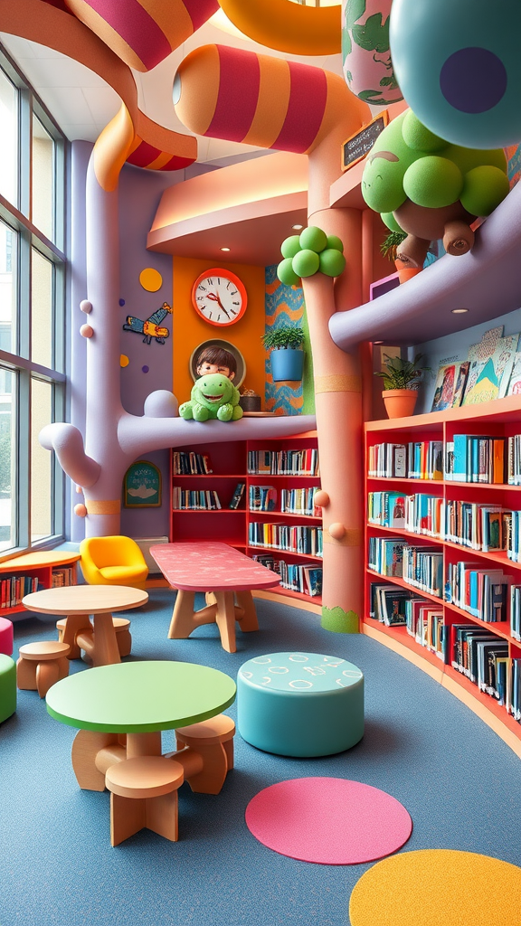 A colorful children's library with playful furniture and bookshelves filled with books.