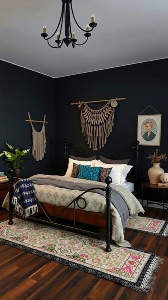 A dark boho bedroom featuring a black metal bed frame, colorful cushions, and intricate wall decor.