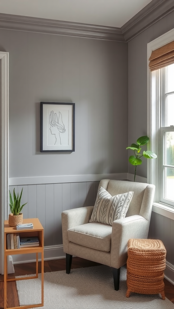 A cozy corner featuring Classic Gray walls with a chair, artwork, and plants.