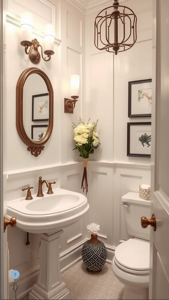 Elegant bathroom with ivory walls, vintage fixtures, and decorative accents.