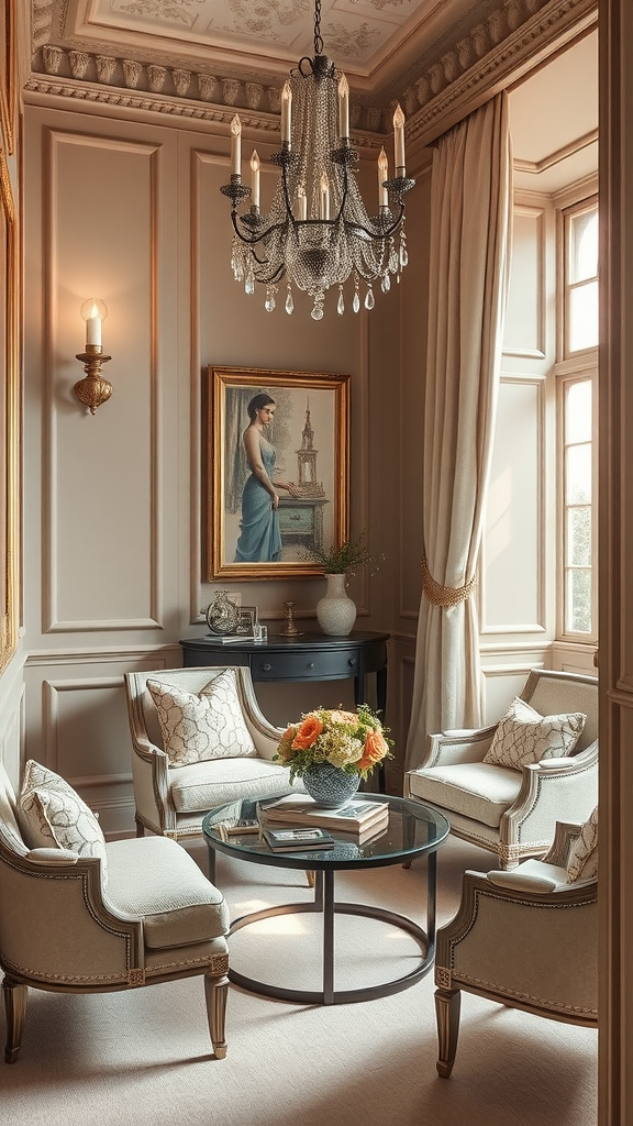 A cozy room featuring soft taupe walls, elegant chairs, and a chandelier.