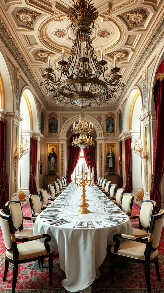 Elegant dining room in classic Venetian style with ornate chandeliers and a long table set for a meal.