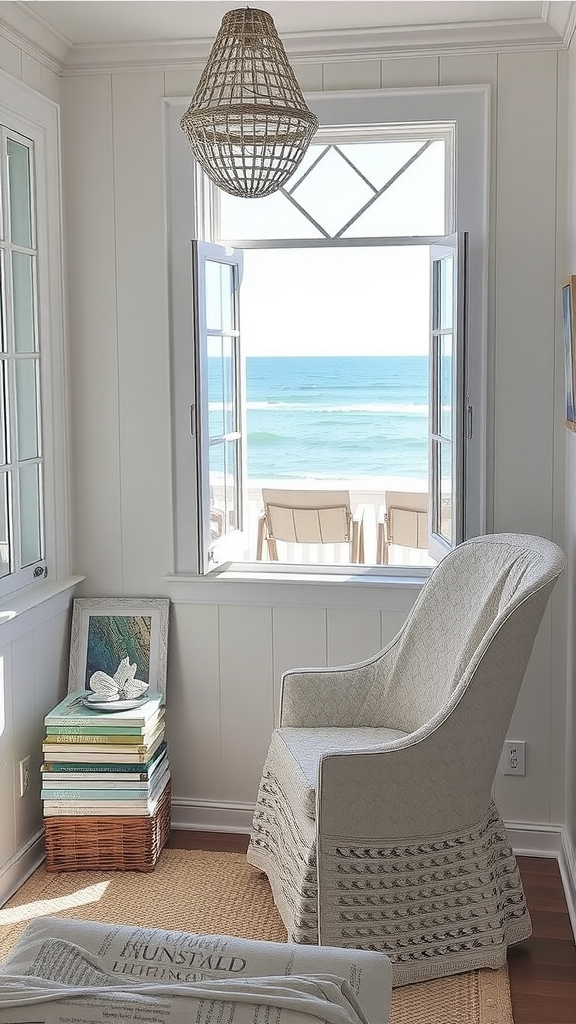 A cozy reading nook with a view of the ocean.