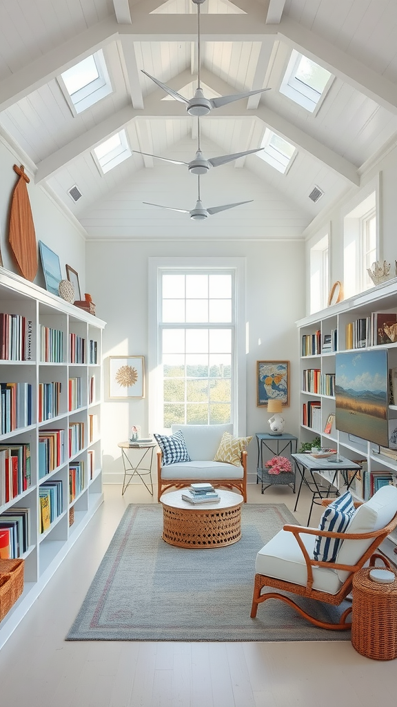 A bright coastal themed library with white wooden ceiling, large windows, and colorful bookshelves.