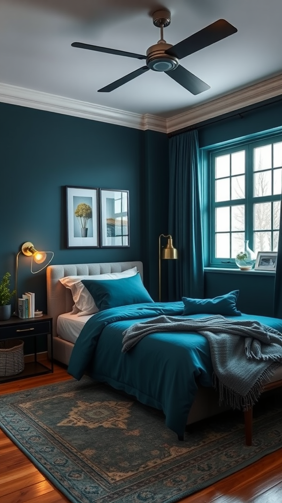 A stylish bedroom with dark teal walls, teal bedding, and a cozy atmosphere.