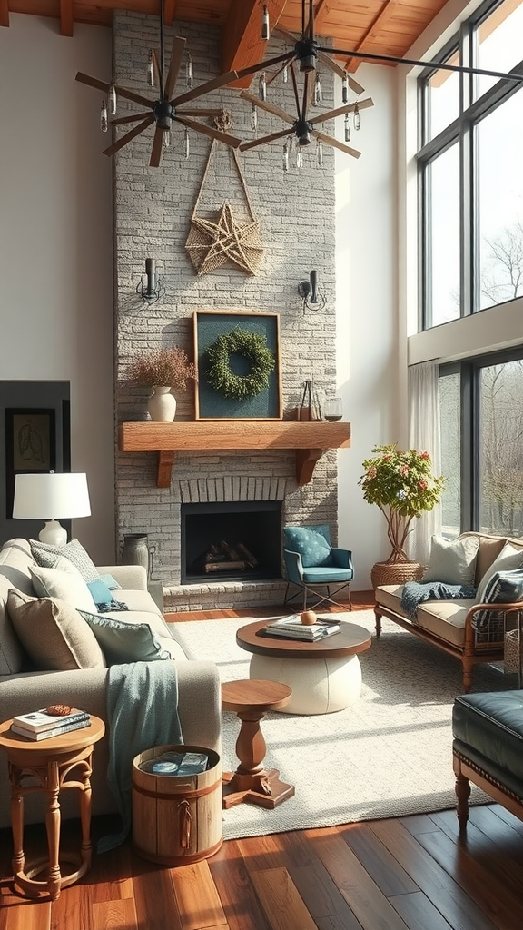 A cozy living room featuring a stone fireplace, wooden beams, and comfortable seating with rustic decor.