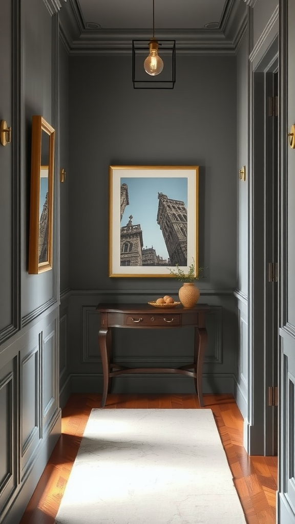 A stylish hallway with gray walls, wooden floors, and decorative elements.