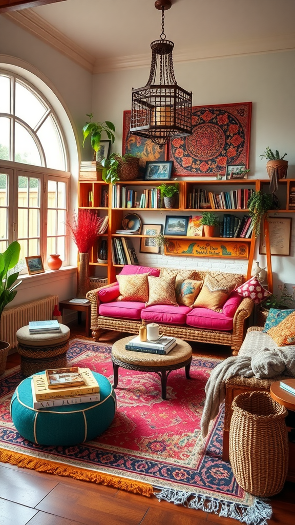 A colorful bohemian reading den featuring a pink sofa, vibrant cushions, a round coffee table, and bookshelves filled with books.