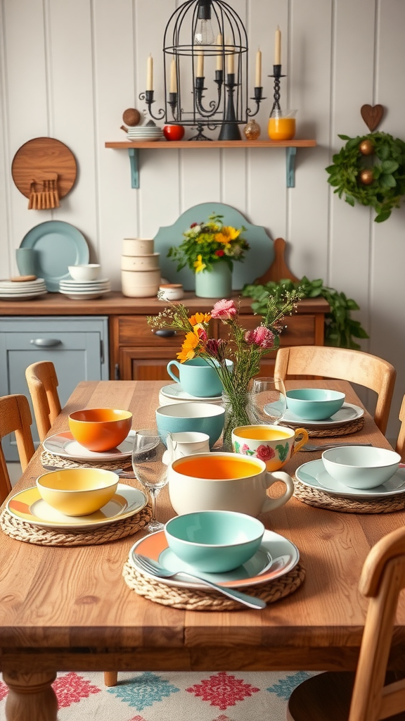 A cozy dining table set with colorful mismatched dishware and fresh flowers.