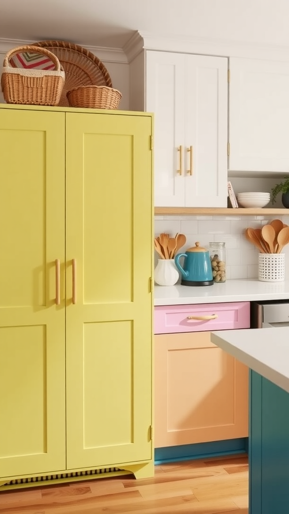 Colorful pantry cabinets in yellow, pink and blue with wooden accents