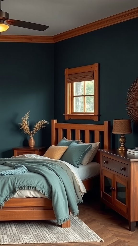 A cozy bedroom featuring dark teal walls and wooden furniture.