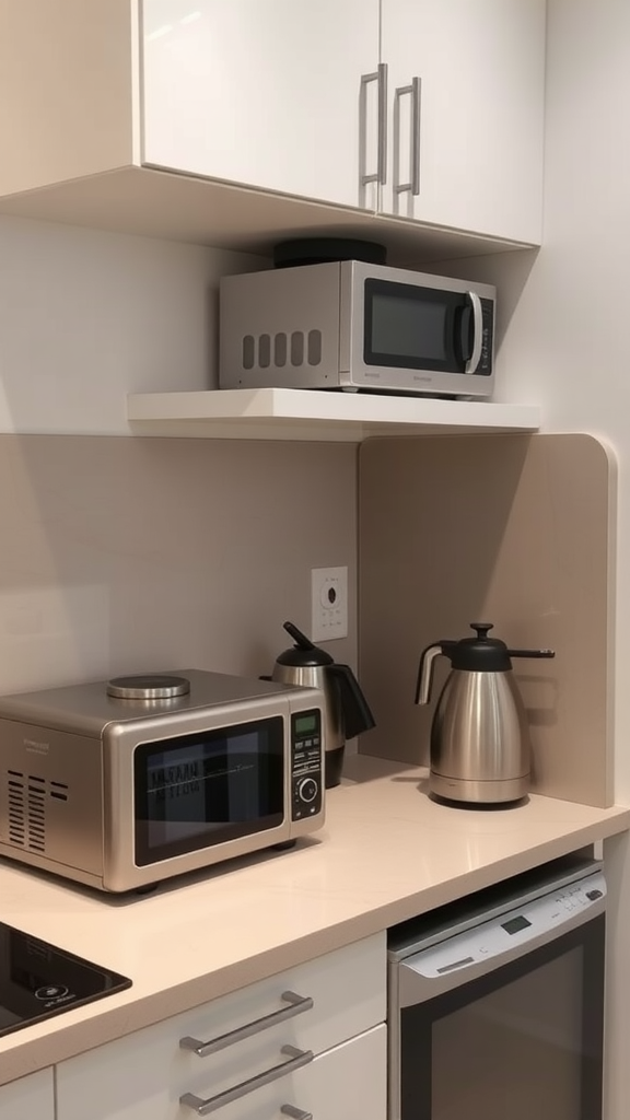 A compact kitchen featuring a microwave, kettle, and other appliances arranged neatly on a countertop.