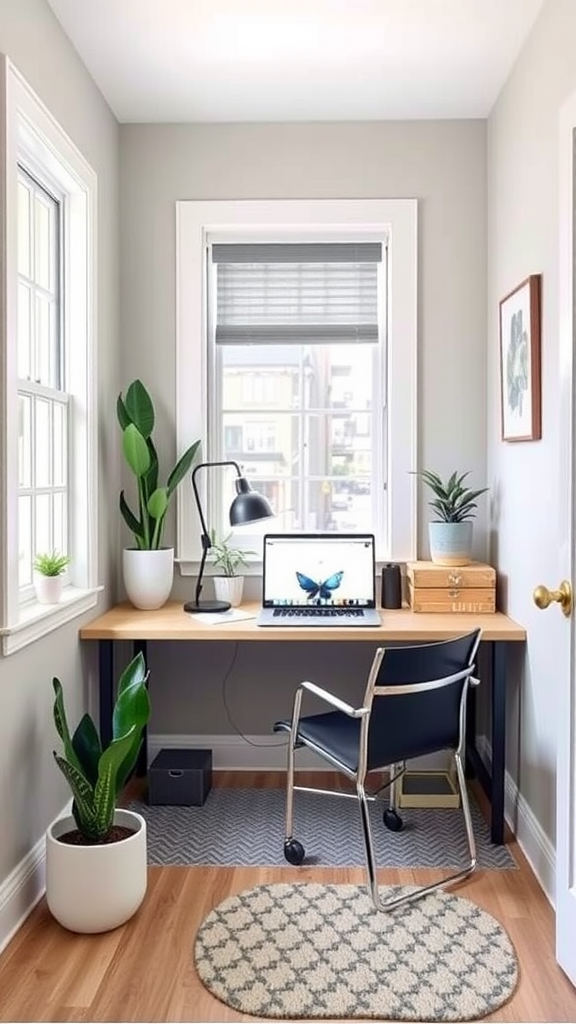 A compact corner double desk setup with a laptop, plants, and a modern chair.