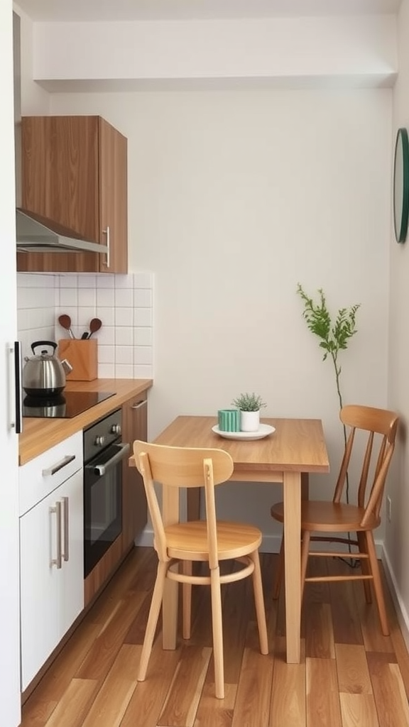 A small, stylish dining area featuring a wooden table and two chairs, with a plant and a decorative dish on the table.