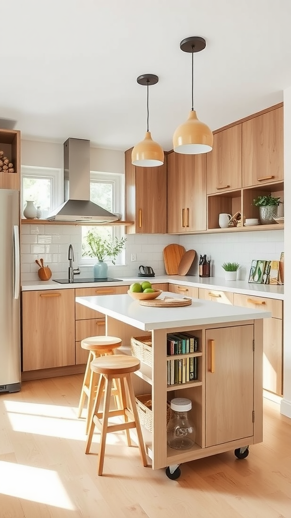 A sunny kitchen featuring wooden cabinets, a white countertop island with seating, and stylish pendant lights.