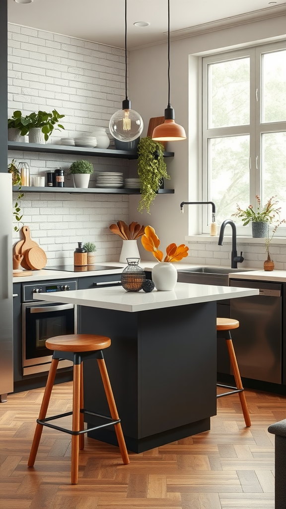 A modern compact kitchen island with stools, featuring a clean design and warm wooden accents.