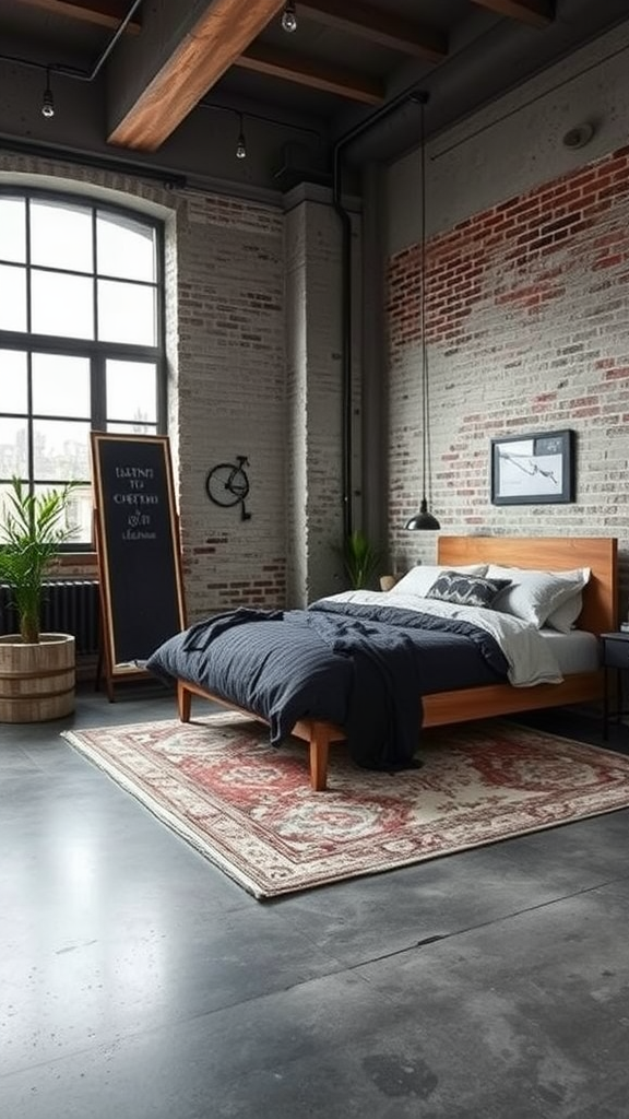 A modern industrial bedroom featuring a concrete floor, brick walls, and a cozy rug.