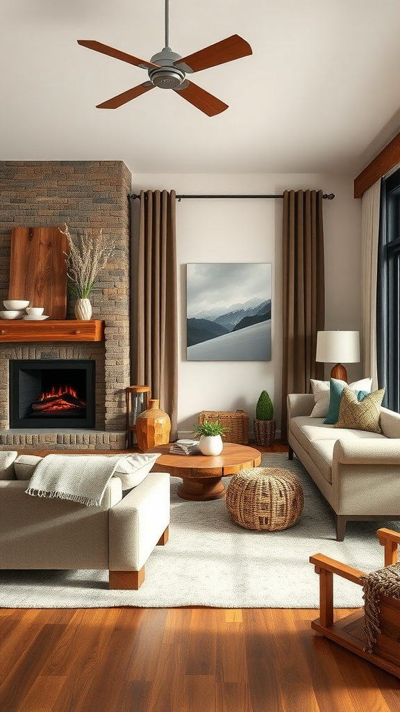 A cozy living room featuring contemporary decor with rustic accents, including a fireplace, wooden furniture, and plants.