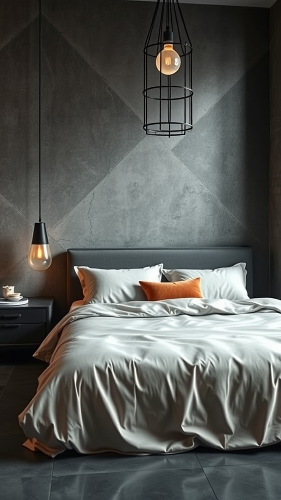 A cozy bedroom featuring a soft bed with light-colored fabric against a concrete wall and floor, highlighted by industrial-style light fixtures.