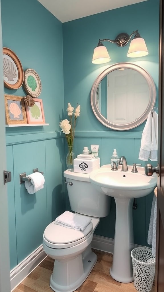 Aqua-colored bathroom with a round mirror, light fixtures, and decorative shells.