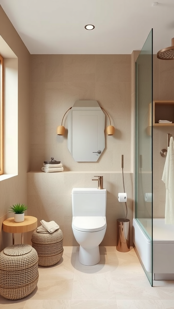 A modern bathroom featuring cool beige tiles, a white toilet, and natural light coming through the window.