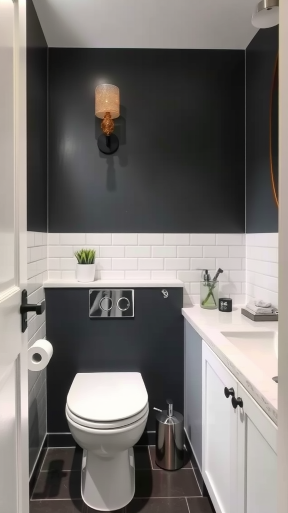 Stylish bathroom with charcoal walls and white tiles.