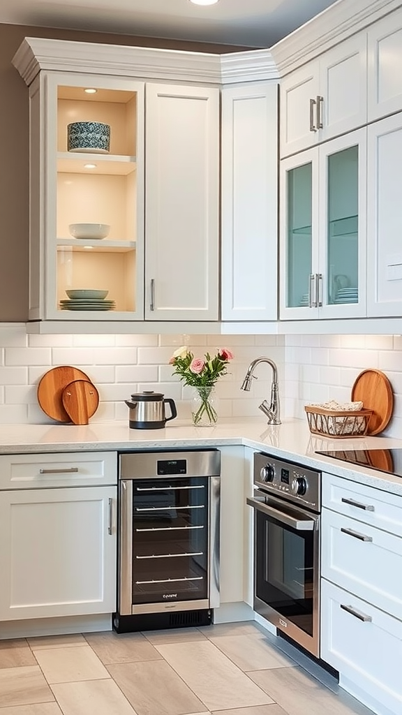 A modern kitchen featuring sleek white cabinets with glass doors and stylish corner storage.