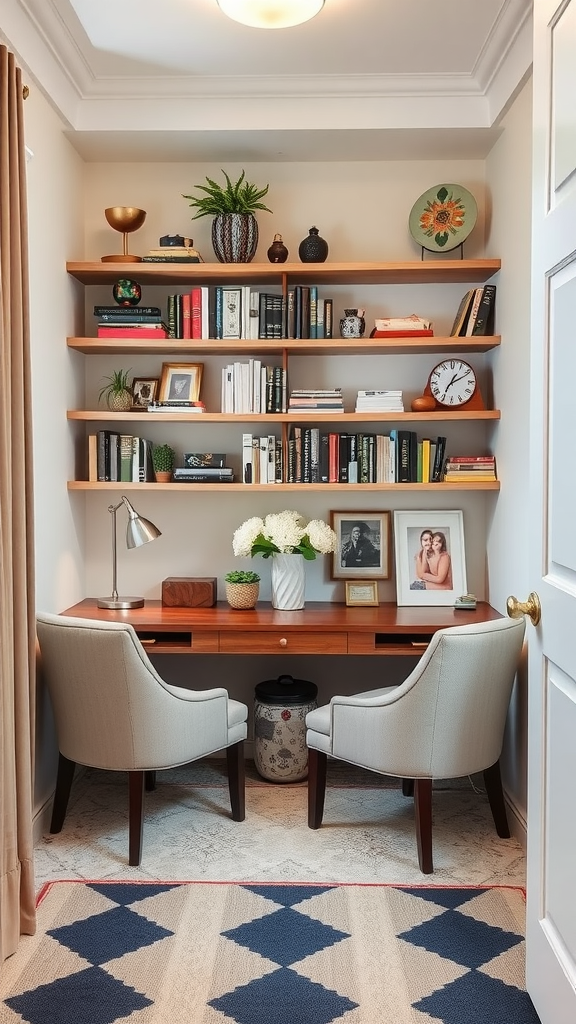 A cozy corner desk nook for two people featuring a wooden desk, two chairs, and open shelving with books and decorative items.