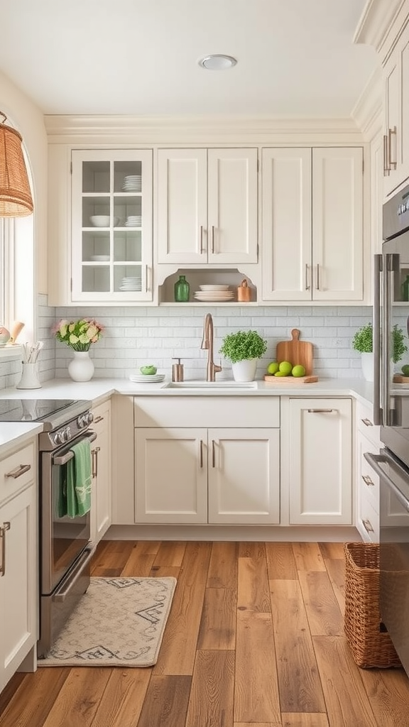 A cozy kitchen with cottage style cabinets, showcasing soft colors and a warm atmosphere.