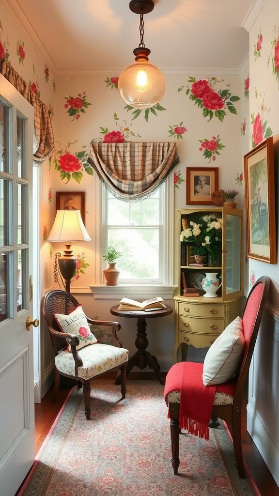 Cozy cottage style reading alcove with floral wallpaper, vintage furniture, and warm lighting.