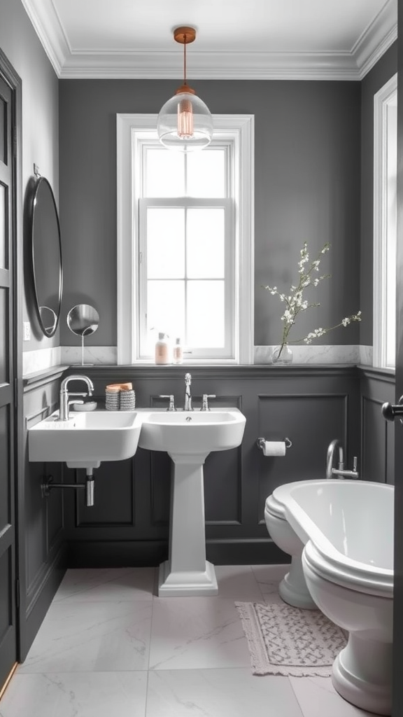 A stylish bathroom featuring Coventry Gray walls with white fixtures and a modern light fixture.