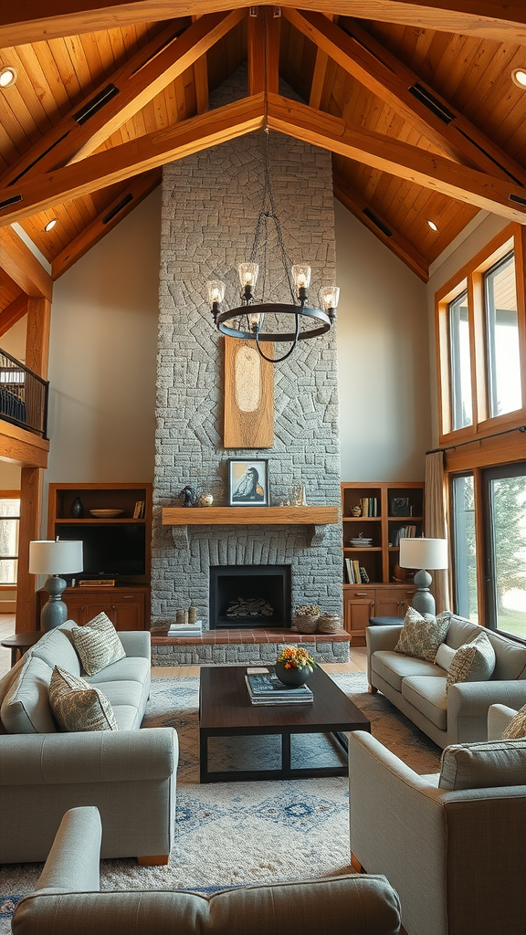 A cozy living room with high wooden ceilings, a stone fireplace, and comfortable sofas, blending rustic charm with modern design.