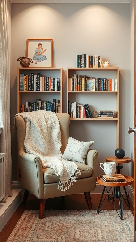 A cozy corner with a plush armchair, bookshelves filled with books, and a side table with a cup and some magazines.