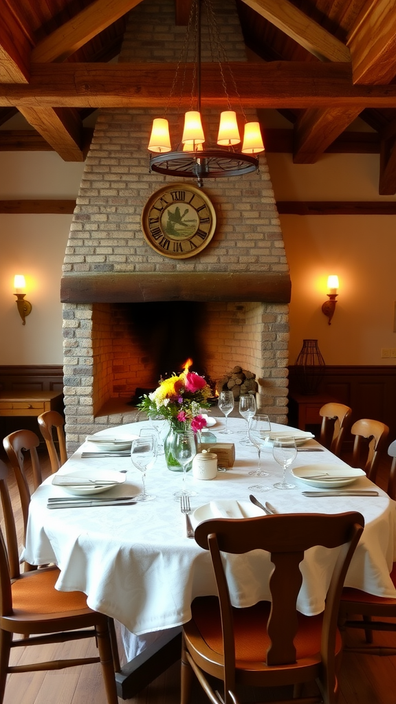 A cozy dining room featuring a brick fireplace, wooden beams, and a table set for a meal with flowers.