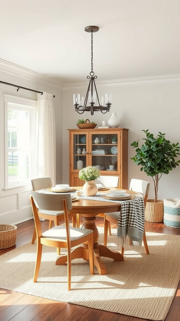 Cozy dining area with neutral tones, wooden furniture, and natural light.