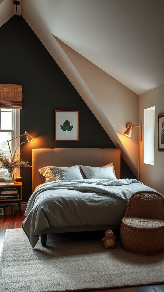 A cozy, dark-themed bedroom featuring modern bed design, fluffy cushions, and farmhouse vibes.