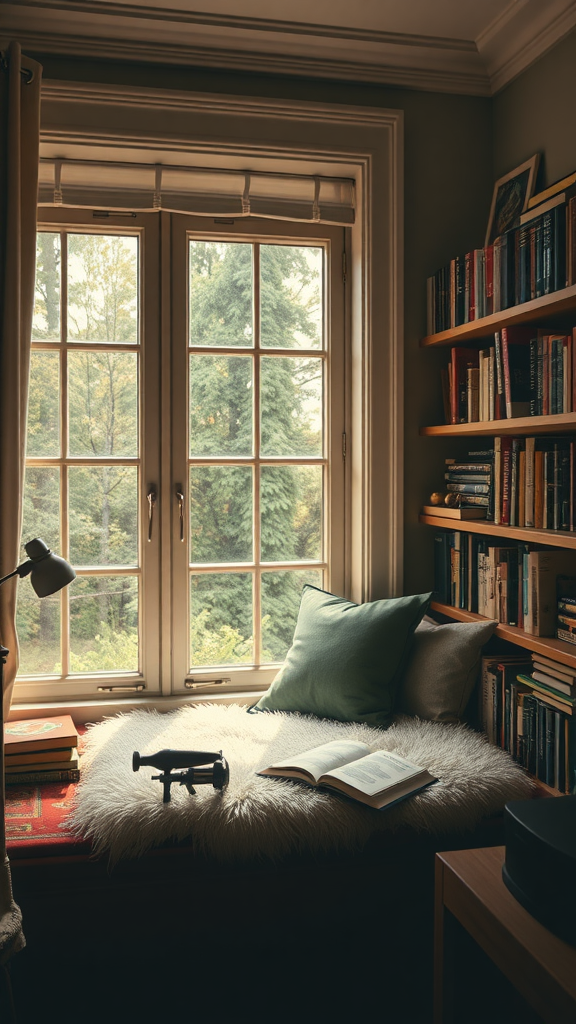 A cozy reading nook with a window seat covered in a fluffy white cushion, surrounded by bookshelves and a view of greenery outside.