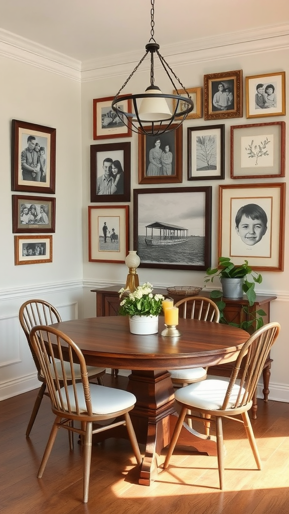 A cozy dining area with a gallery wall of framed photos and artwork, featuring a round wooden table and plants.