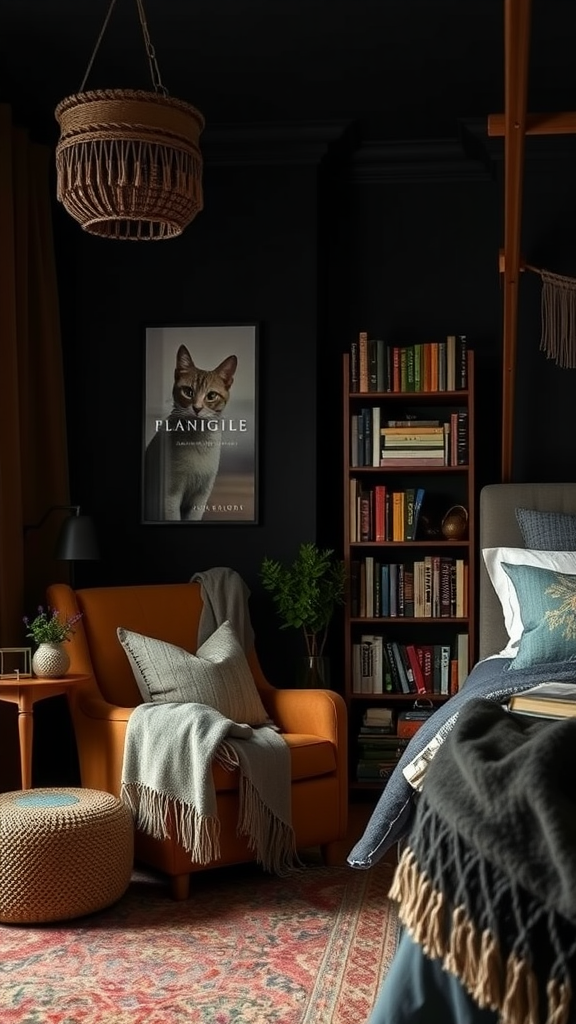 Cozy reading nook with an orange chair, dark walls, bookshelves, and warm decor