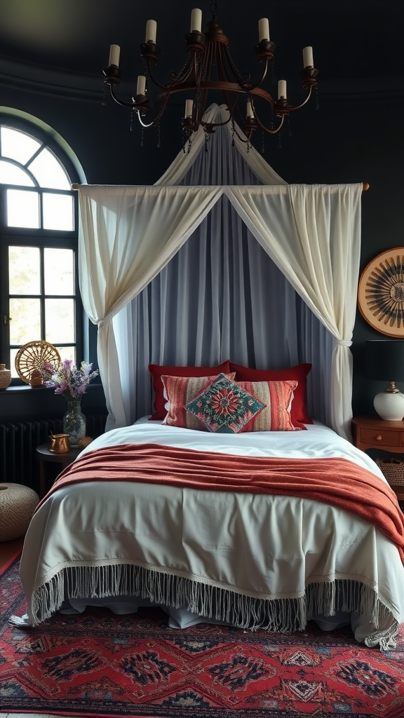 A cozy dark boho bedroom featuring a canopy bed, dark walls, elegant chandelier, and earthy tones.