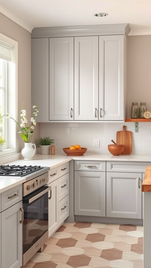 A well-designed kitchen with gray cabinets, a light countertop, and a patterned floor.