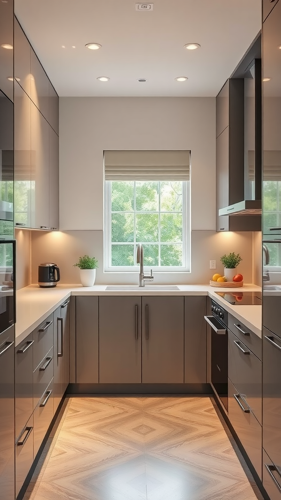 A modern kitchen with sleek cabinets, a window, and minimal decor.