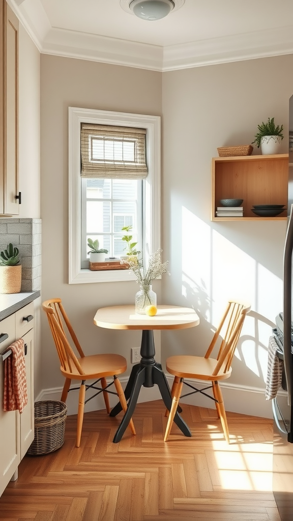 A compact breakfast nook featuring a small table and two wooden chairs in a well-lit kitchen corner.